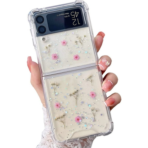 Soft Clear Flexible Rubber Pressed Dry Real Flowers Case Girls Women Glitter Floral Cover for Samsung Galaxy Z Flip 3 -Pink