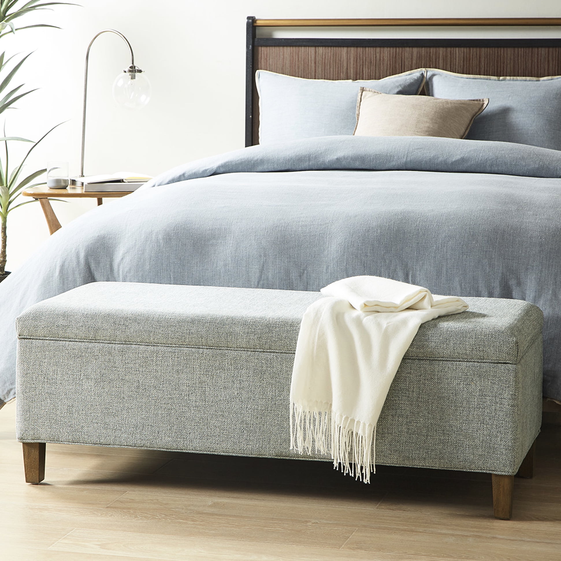 Soft Close Bench For Living Room - Blue Upholstery, Solid Wood Legs ...