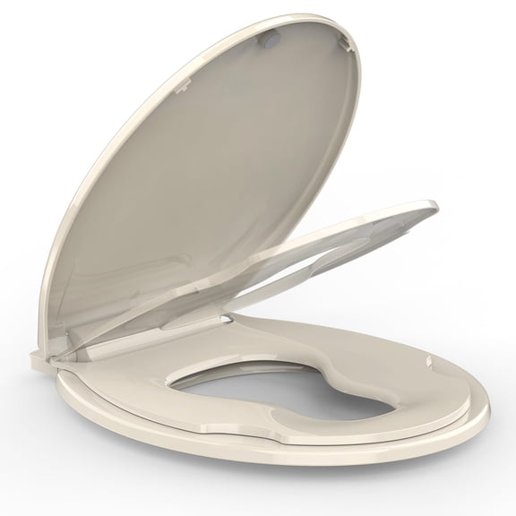 Soft Close Commercial Toilet Seat with Built-in Toddler Training - Comfortable No-Wiggle Design, Easy Install & Clean, Fits 17" Round Toilets, Full Almond Color, 17" Round