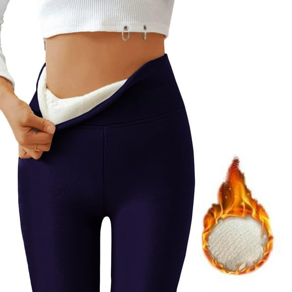 Soft Clouds Fleece Leggings for Women Casual Warm Winter Solid Pants Thermal Tights High Waist Yoga Pants Navy S