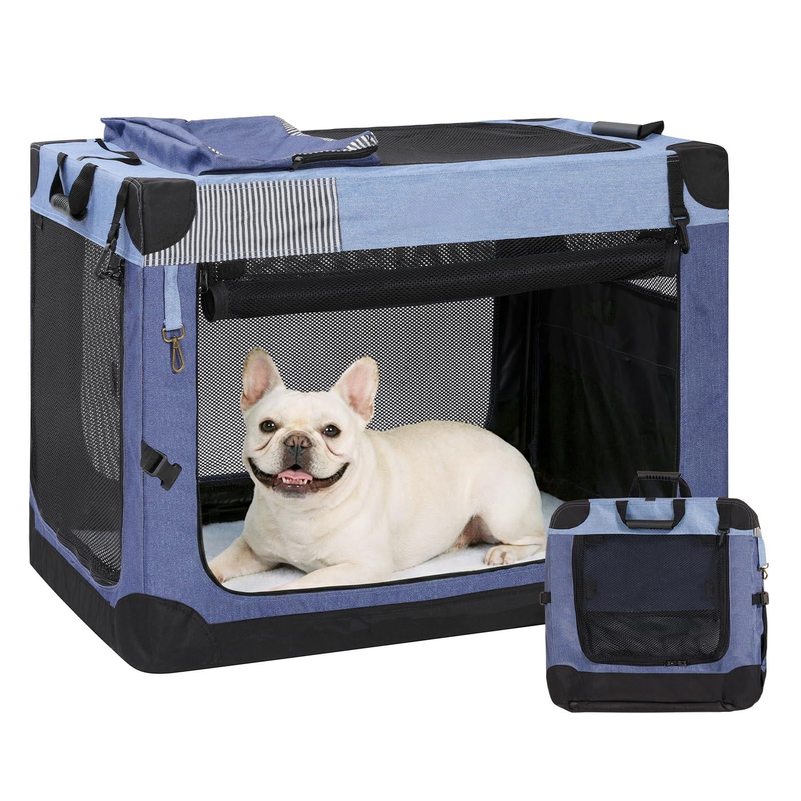 Soft Collapsible Dog Crate - 26 Inch Portable Travel For Puppy/small Dogs Indoor & Outdoor  3-door With Durable Mesh Windows Storage Bag Blue