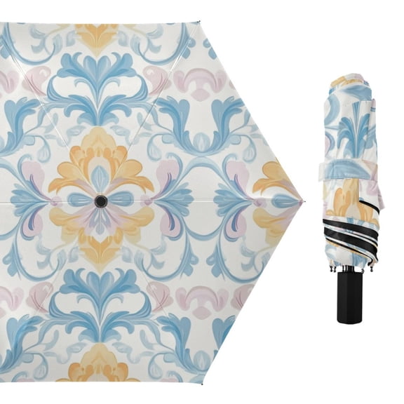 Soft Color Flower Patterns All Weather Umbrella Triple Folding Parasol 6 Ribs UV Protection Portable