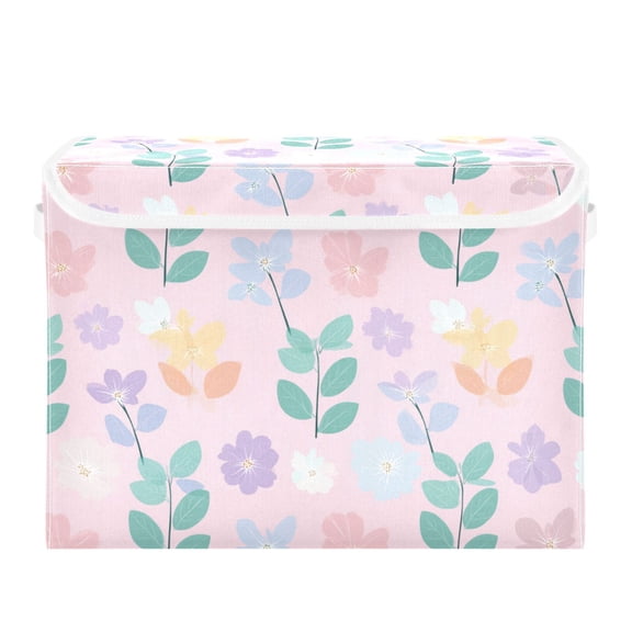 Soft Color Flowers on Pink Background Foldable Storage Bins with Lids Handles Collapsible Storage Containers Tote Boxes 16.5 x 12.6 x 11.8 inches