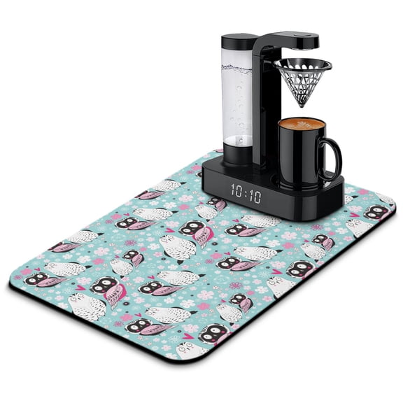 Soft Color Night Owl Coffee Bar Mat - Fantasy Owl Design Absorbent Counter Mat