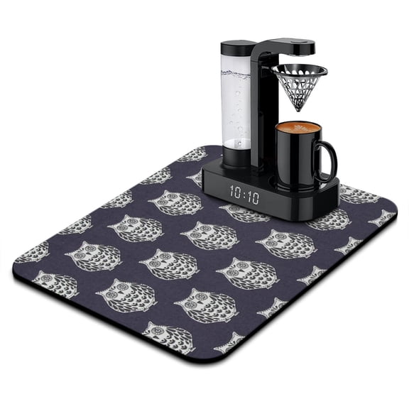 Soft Color Night Owl Coffee Bar Mat - Playful Owl Design Non-Slip Station Mat