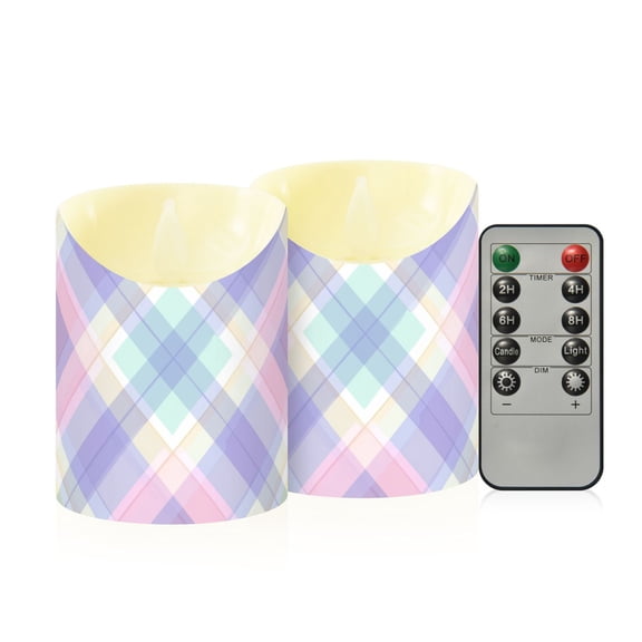 Soft Colored Checkered Pattern Flickering Flameless Candles with Remote Timer Battery Operated LED Tealight Set of 2 S