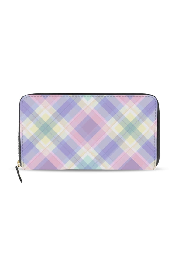 Soft Colored Checkered Pattern Women's Long Zipper Wallet Bifold Clutch Purse PU Leather Card Cases