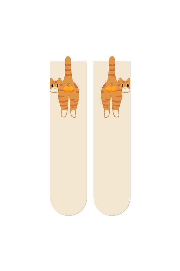 Soft Combed Cotton Socks Cartoon Cats Pattern Fuzzy Balls Moisture Wicking Fabric Middle Calf Socks For Ladies