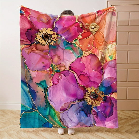 Soft and Comfortable 1pc Beautiful Flowers Print Flannel Blanket Throw Blanket for Bed Sofa Office Gift Camping and Travel Warm Lightweight Blanket for All Seasons