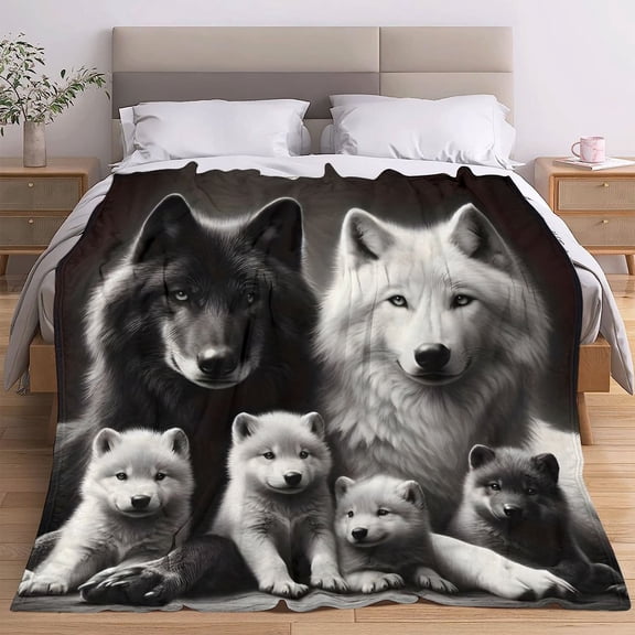 Soft and Comfortable Black White Wolf Family Pattern Design Printed Blanket Portable Blanket for Bed Travel Camping Living Room Office Sofa Chair Bed Digitally Printed Soft and Warm Blanket