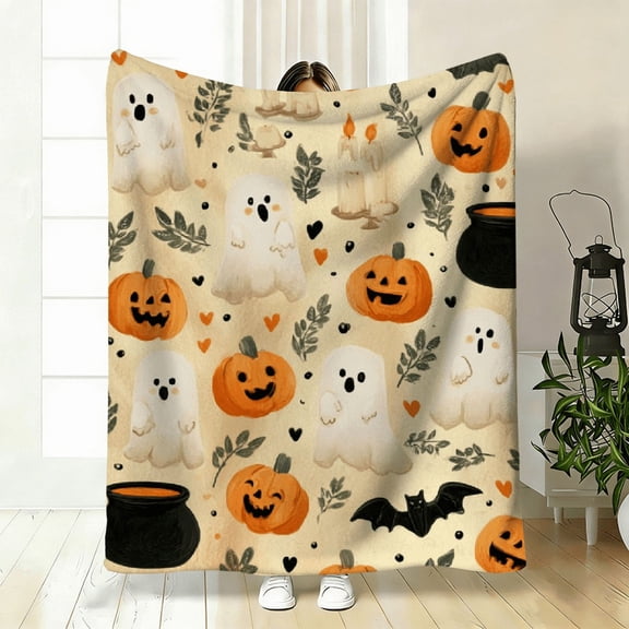 Soft And Comfortable Blanket Featuring Adorable Ghosts, Pumpkins, Bats, And a Spooky Design with Hearts And Bats. This Ultra-Soft Beige And Black Throw Is Perfect for Your Bed, Couch.