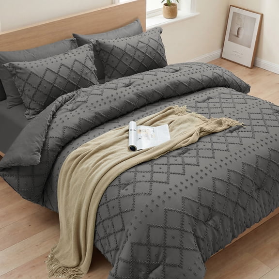 Vccoem 7-Piece Queen Comforter Set Bed in a Bag - Gray Boho Tufted Luxury Bedding Set, Ultra Soft & Breathable All Season Comforter with Sheets & Pillowcases