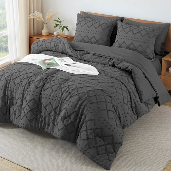 Vccoem 7-Piece Queen Comforter Set Bed in a Bag - Gray Boho Tufted Luxury Bedding Set, Ultra Soft & Breathable All Season Comforter with Sheets & Pillowcases