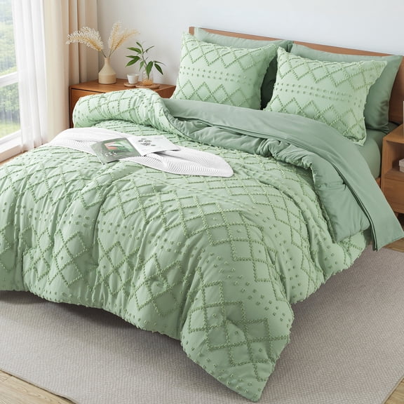 Vccoem 7-Piece Queen Comforter Set Bed in a Bag - Green Boho Tufted Luxury Bedding Set, Ultra Soft & Breathable All Season Comforter with Sheets & Pillowcases