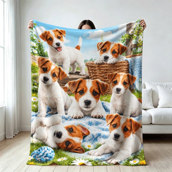 Soft Comfortable Throw Blanket for Living Room Couch or Bed, Soft Flannel Fleece, Adorable Jack Russell Terrier Puppies on Sunny Daisy Meadow Print