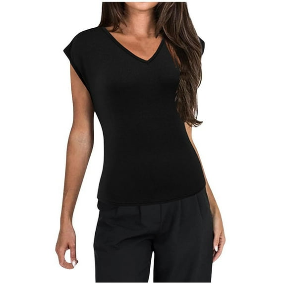 Soft Comfortable Tshirts for Women V Neck Solid Color Short Sleeve Shirt Fashion Casual Loose Cotton Tops (Black L)