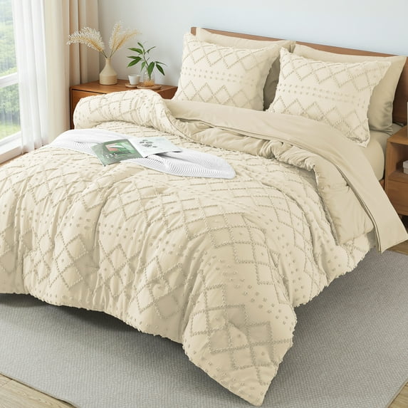 Vccoem 5-Piece Twin Comforter Set Bed in a Bag - Cream Boho Tufted Luxury Bedding Set, Ultra Soft & Breathable All Season Comforter with Sheets & Pillowcases