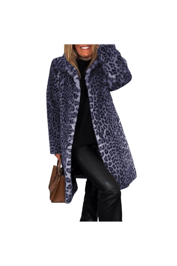 Soft Comfortable Women's Leopards Print Faux Furs Coat with Lapel Collar Long Sleeve For Outdoor Winter Adventures