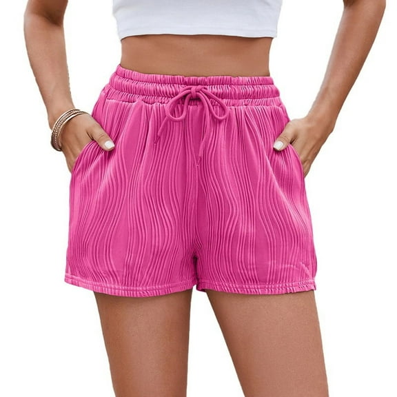 Soft Comfy Activewear Lounge Textured Shorts with Pockets and Drawstring for Women Hot pink XL
