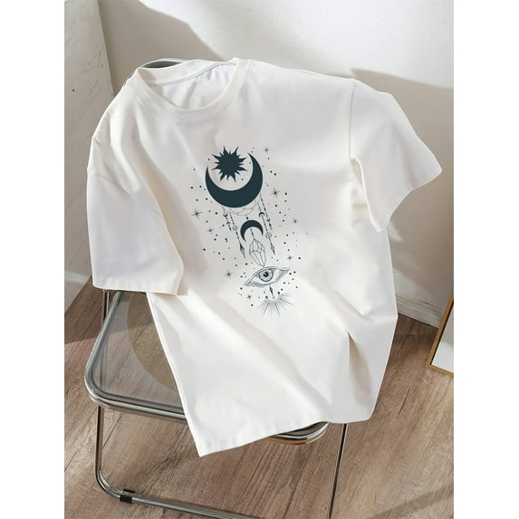 Soft & Comfy Beige Graphic Tee for Girls - Celestial Design with Crescent Moon, Stars & Eye, Stretchy Cotton, Easy-Care Crew Neck Short Sleeve Summer Top