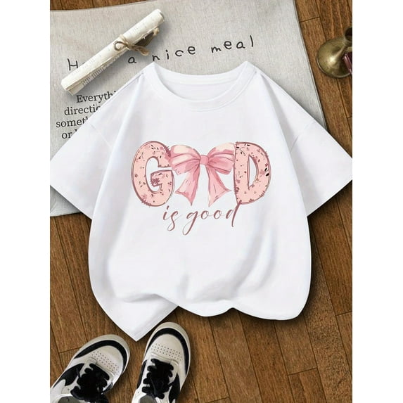 Soft & Comfy 'God is Good' Girls' T-Shirt - White with Pink Glittery Text, Crew Neck, Short Sleeve, Casual Summer Tee for Youngsters, Everyday Girls' Tee | Glittery Text Print | Soft Cotton
