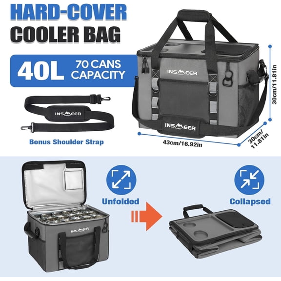 Soft Cooler Bag with Hard Shell & 2 Cup Holders, Portable 40L/70 Cans Collapsible Insulated Leakproof for Travel Beach Camping Picnic