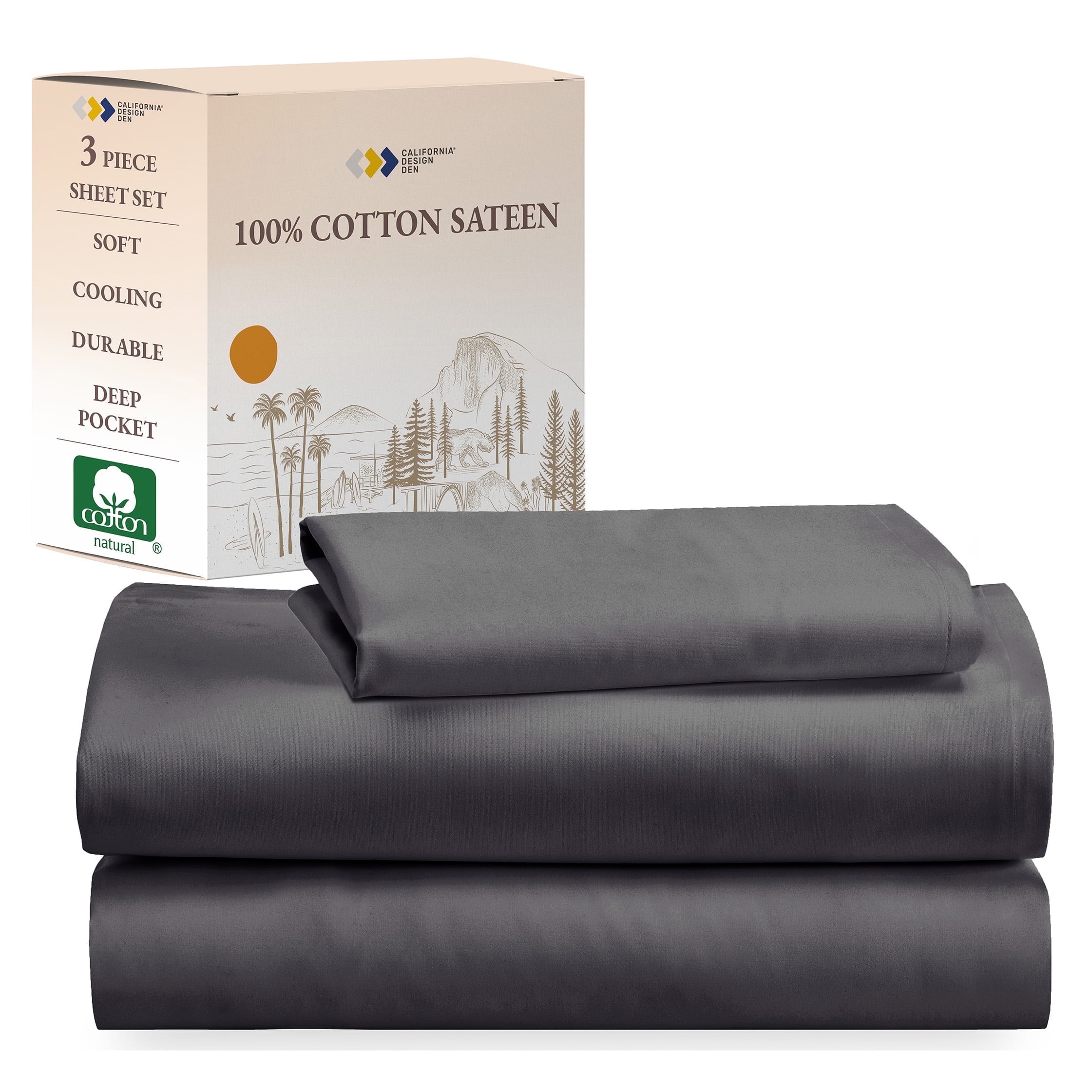 Twin Size Charcoal Gray Cotton Sateen Deep Pocket Sheet Set