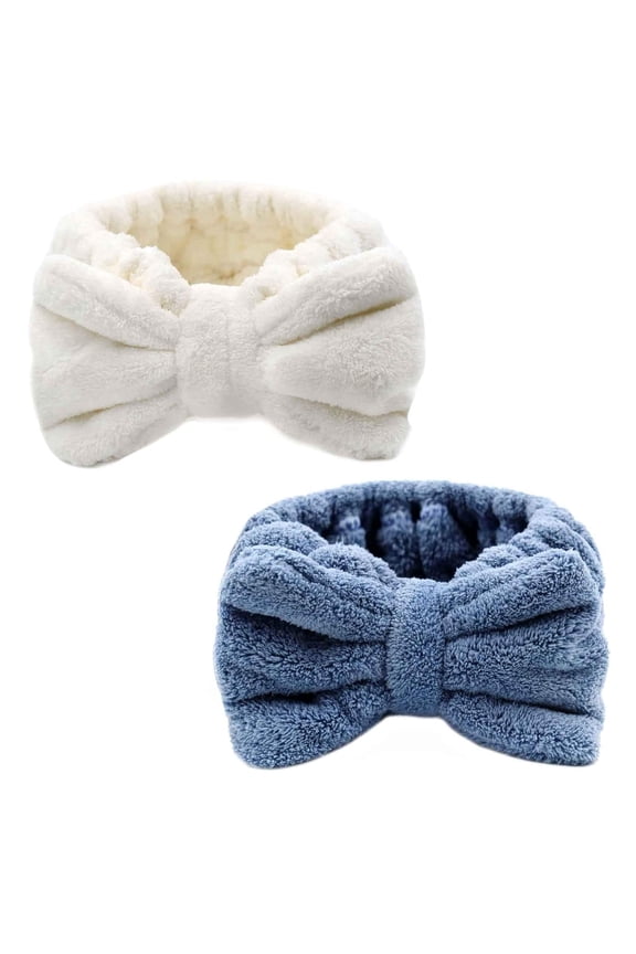 Soft Coral Fleece Facial Makeup Headbands, Ultra Absorbent Water Elastic Head Wraps, Adorable Bow Tie Shape Spa Hair Bands, Comfortable Material For Girls And Women (2PCS)