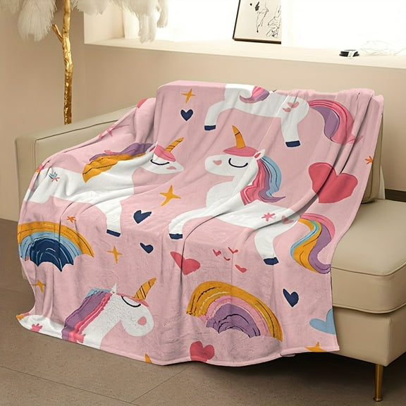 Soft Coral Fleece Rainbow Unicorn & Heart Pattern Blanket, 100% Polyester, Lightweight & Warm, Multi-Functional Sofa Bed Throw for Home, Office, Camping