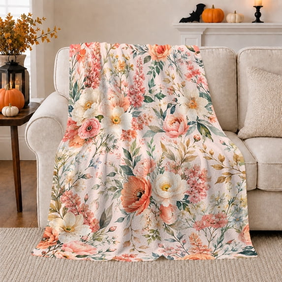 Soft Coral Wildflowers on Cream Garden, Romantic Botanical Style for Flower Lovers, Vintage Floral Pattern and Birthday Gift, Cozy Flannel Blanket for Bedroom, Home Decor