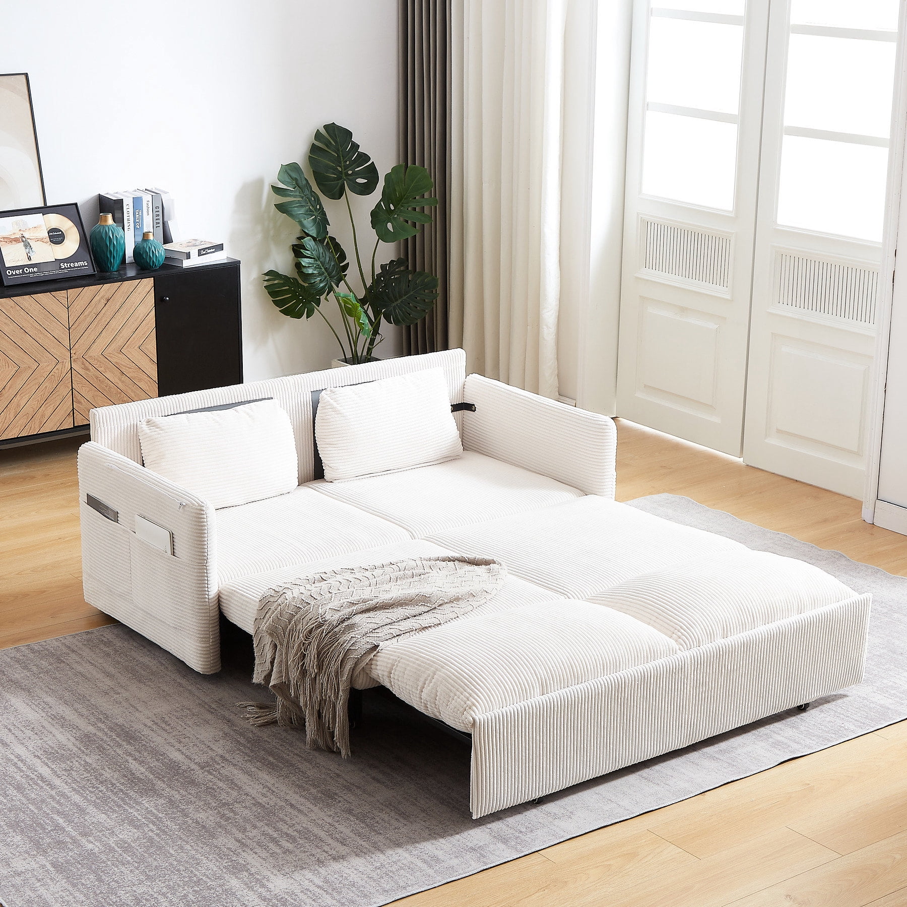 Soft Corduroy 2-Seat Sleeper Sofa Bed | Quick Transformation for Guest ...