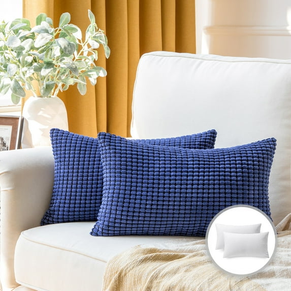 Soft Corduroy Corn Striped Velvet Series Decorative Throw Pillow, 12" x 20", Navy Blue, 2 Pack