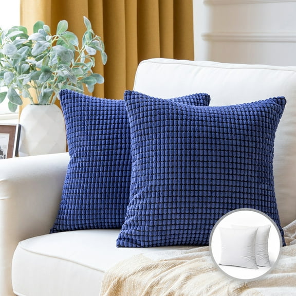 Soft Corduroy Corn Striped Velvet Series Decorative Throw Pillow, 18" x 18", Navy Blue, 2 Pack
