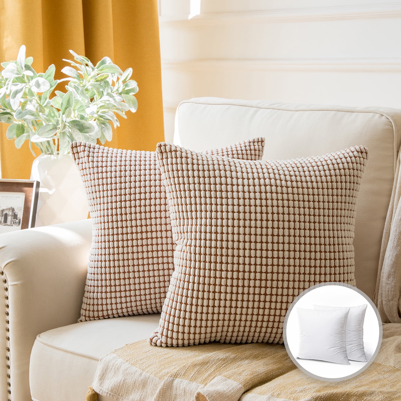 Soft Corduroy Corn Striped Velvet Series Decorative Throw Pillow, 18 inch x 18 inch, Off White, 2 Pack, Phantoscope