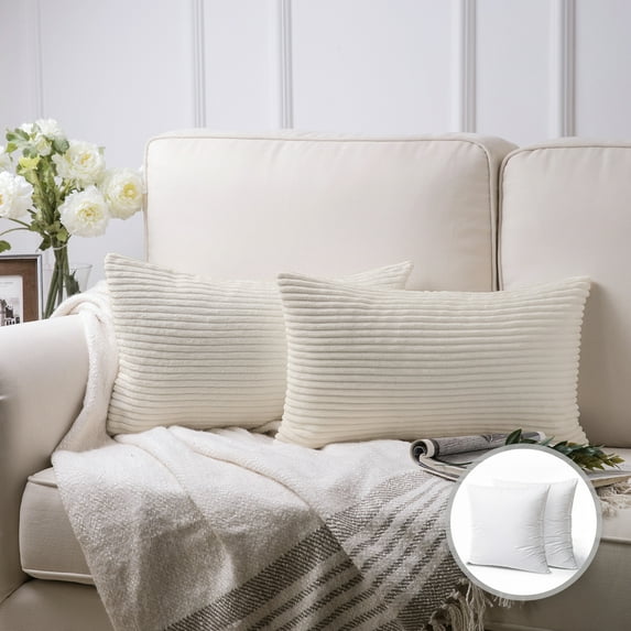 Soft Corduroy Striped Velvet Rectangle Decorative Throw Pillow Cusion For Couch, 12" x 20", Off White, 2 Pack