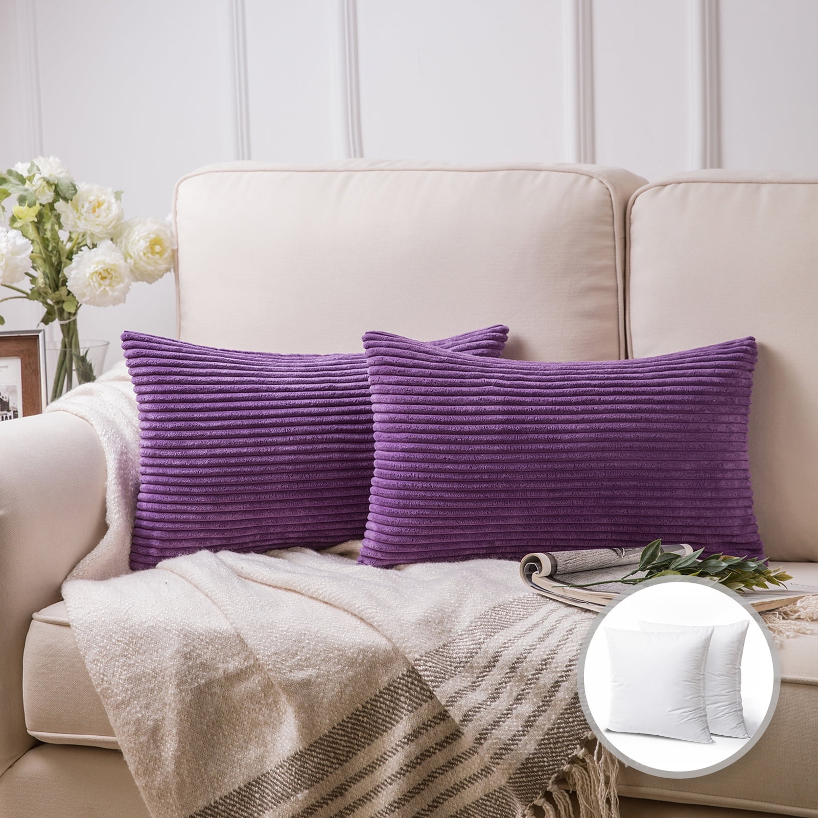 Soft Corduroy Striped Velvet Rectangle Decorative Throw Pillow Cusion For Couch, 12" x 20", Purple, 2 Pack