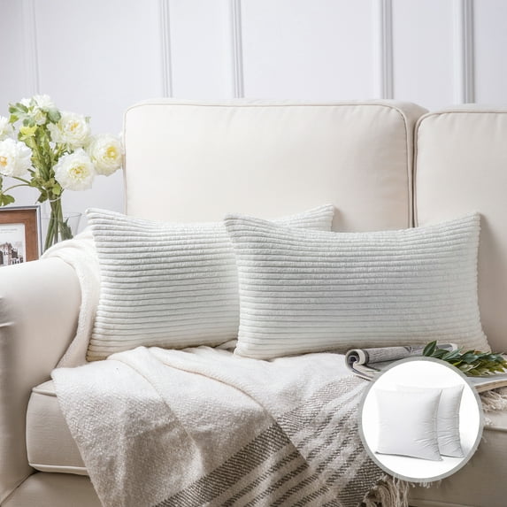 Soft Corduroy Striped Velvet Rectangle Decorative Throw Pillow Cusion For Couch, 12" x 20", True White, 2 Pack