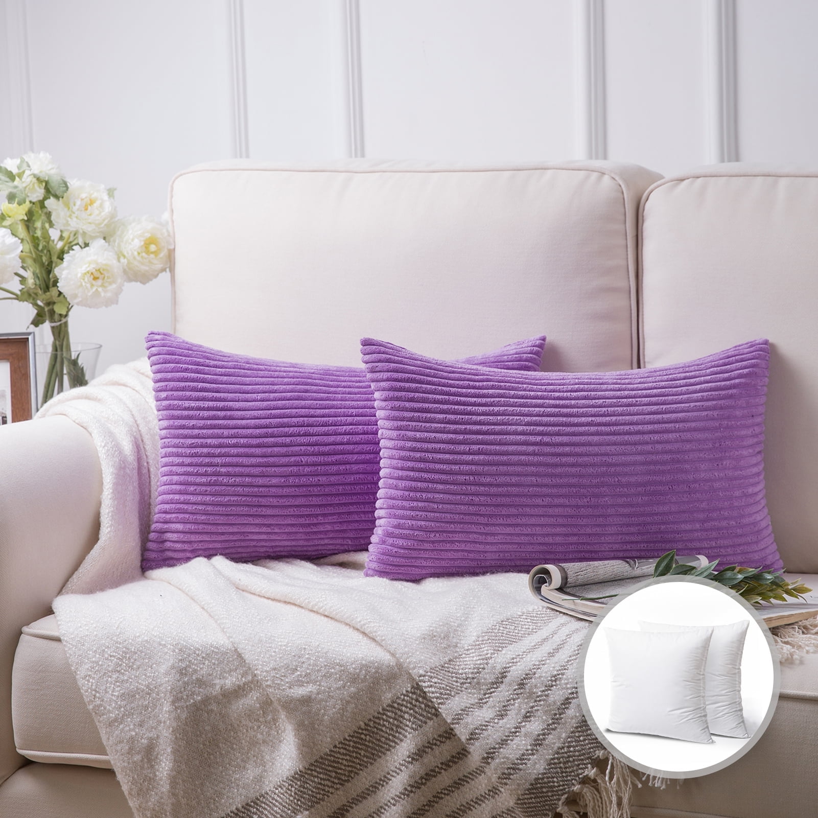Soft Corduroy Striped Velvet Rectangle Decorative Throw Pillow Cusion For Couch, 12" x 20", Violet Purple, 2 Pack