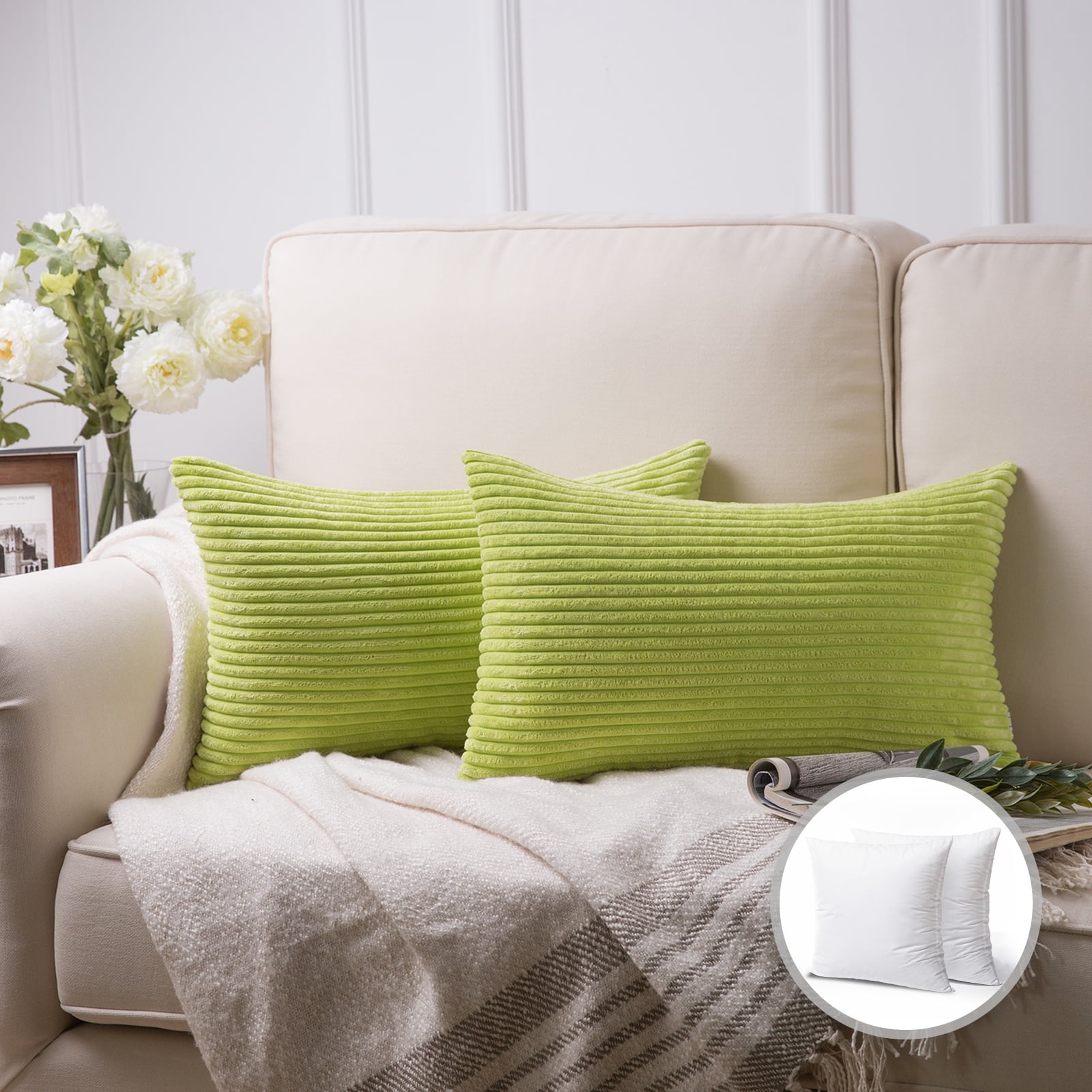 Olive Green Velvet Lumbar Pillows on White Sofa - Transitional