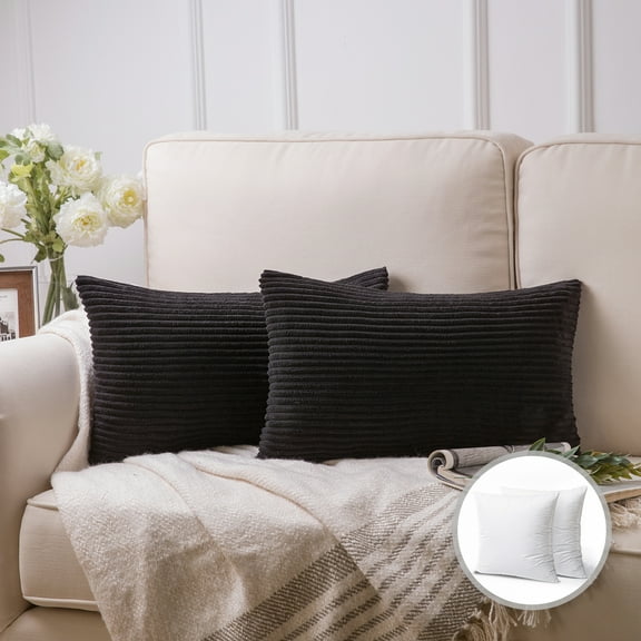 Soft Corduroy Striped Velvet Series Decorative Throw Pillow, 12" x 20", Black, 2 Pack