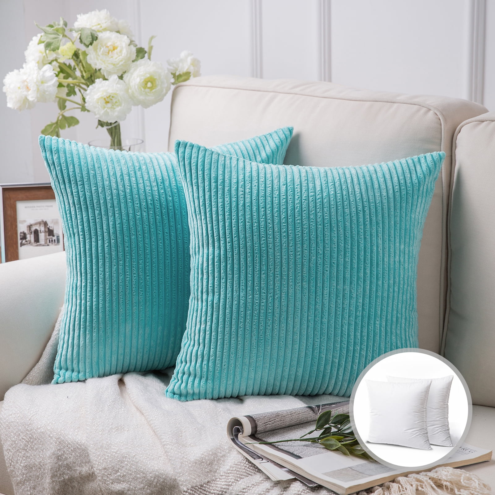 Soft Corduroy Striped Velvet Series Decorative Throw Pillow, 18" x 18", Blue, 2 Pack