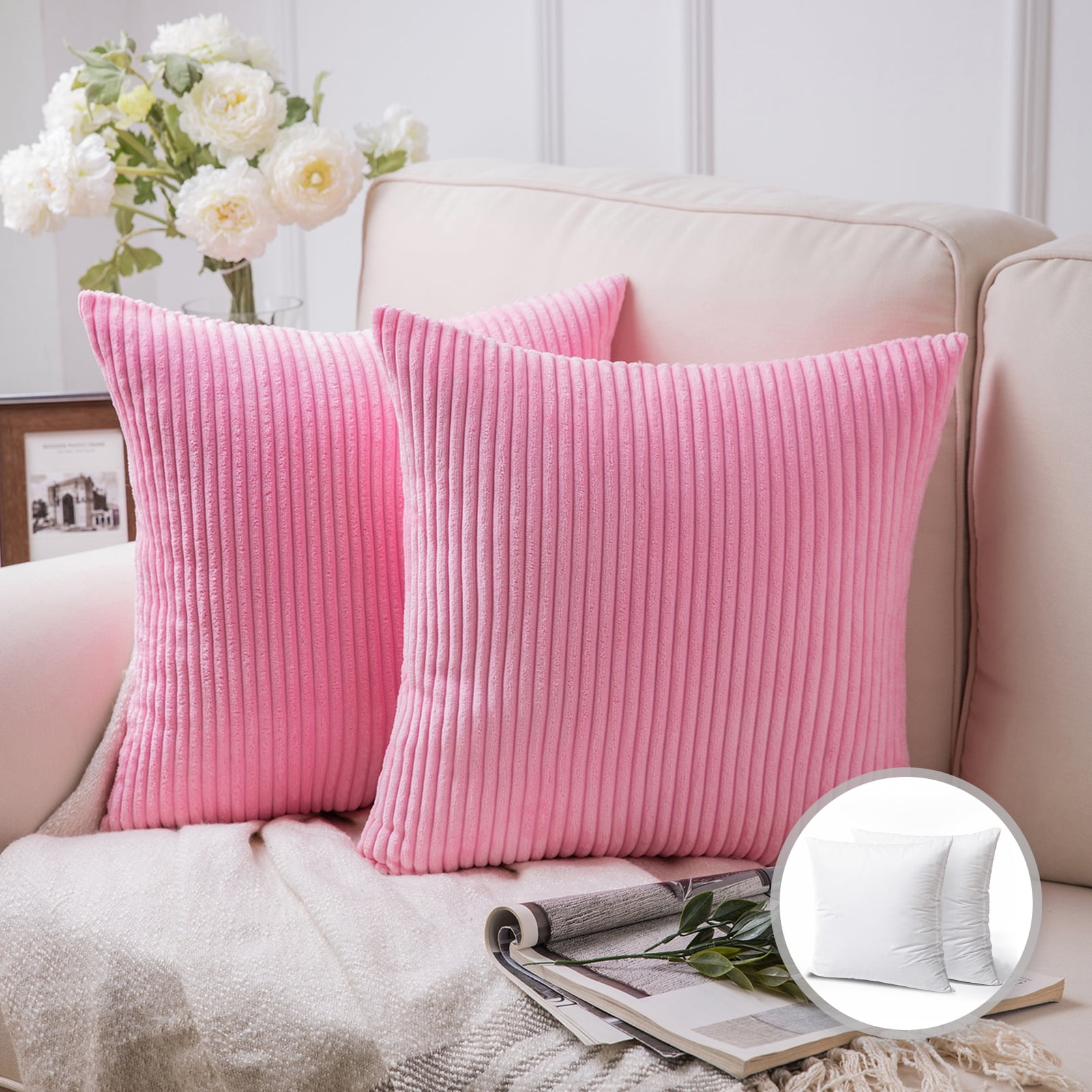 Soft Pink Corduroy Striped Polyester Euro Throw Pillow Set, 18" x 18"
