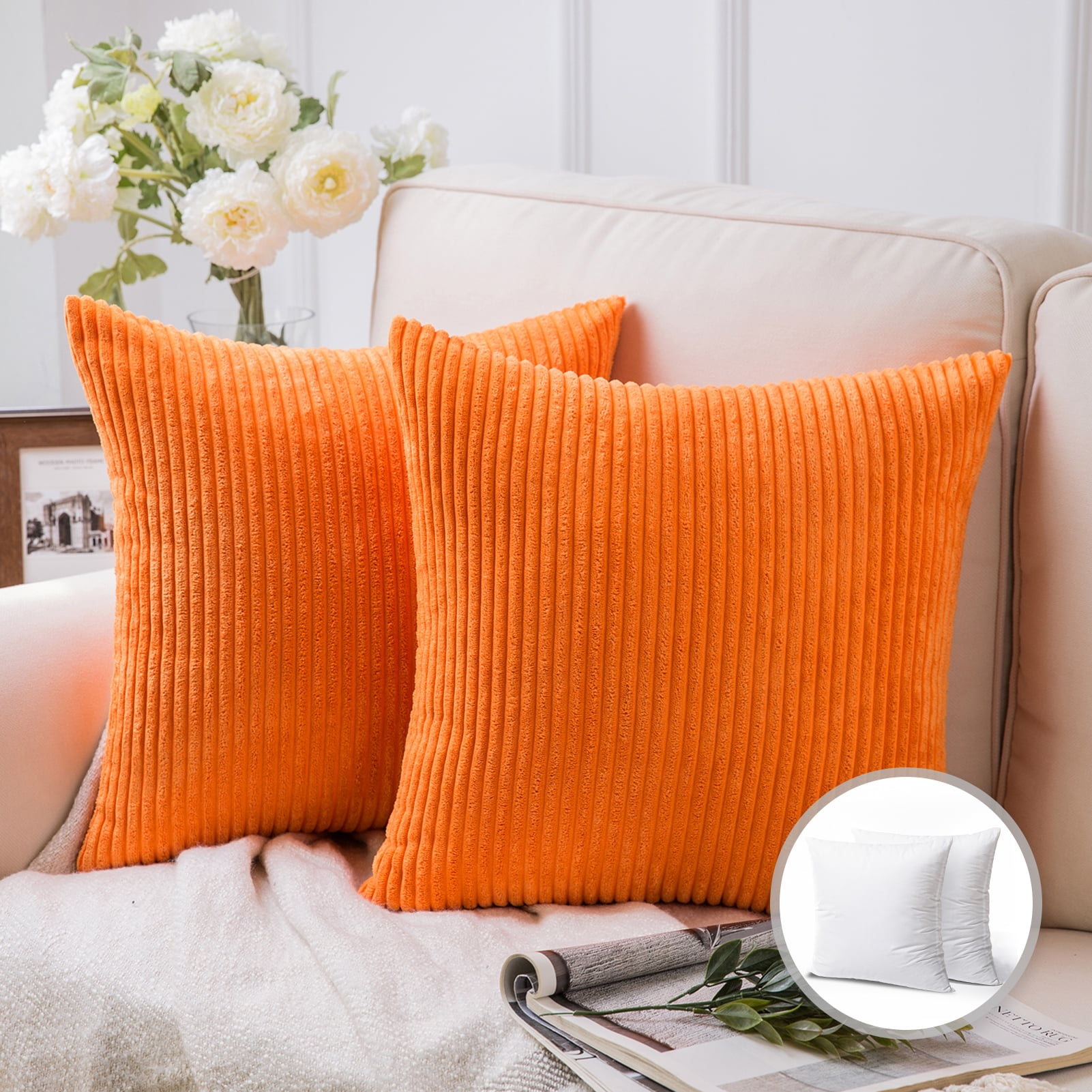 Soft Corduroy Striped Velvet Square Decorative Throw Pillow Cusion for Couch, 18 inch x 18 inch, Orange, 2 Pack, Size: 18 x 18