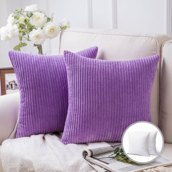 Soft Corduroy Striped Velvet Square Decorative Throw Pillow Cusion For Couch, 18" x 18", Violet Purple, 2 Pack