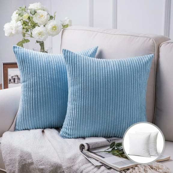 Soft Corduroy Striped Velvet Square Decorative Throw Pillow Cusion For Couch, 20" x 20", Light Blue, 2 Pack