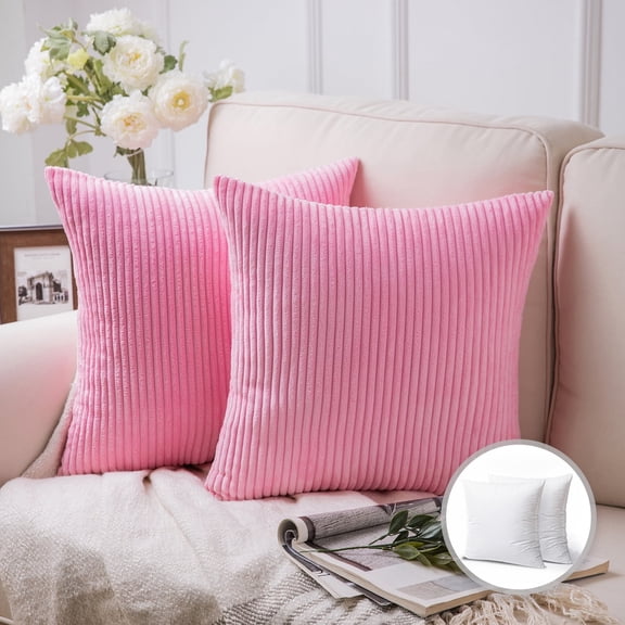 Soft Corduroy Striped Velvet Square Decorative Throw Pillow Cusion For Couch, 20" x 20", Pink, 2 Pack