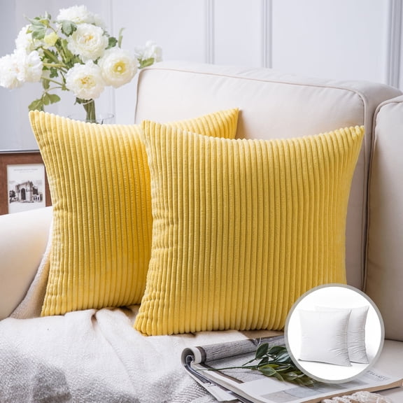 Soft Corduroy Striped Velvet Square Decorative Throw Pillow Cusion For Couch, 20" x 20", Yellow, 2 Pack
