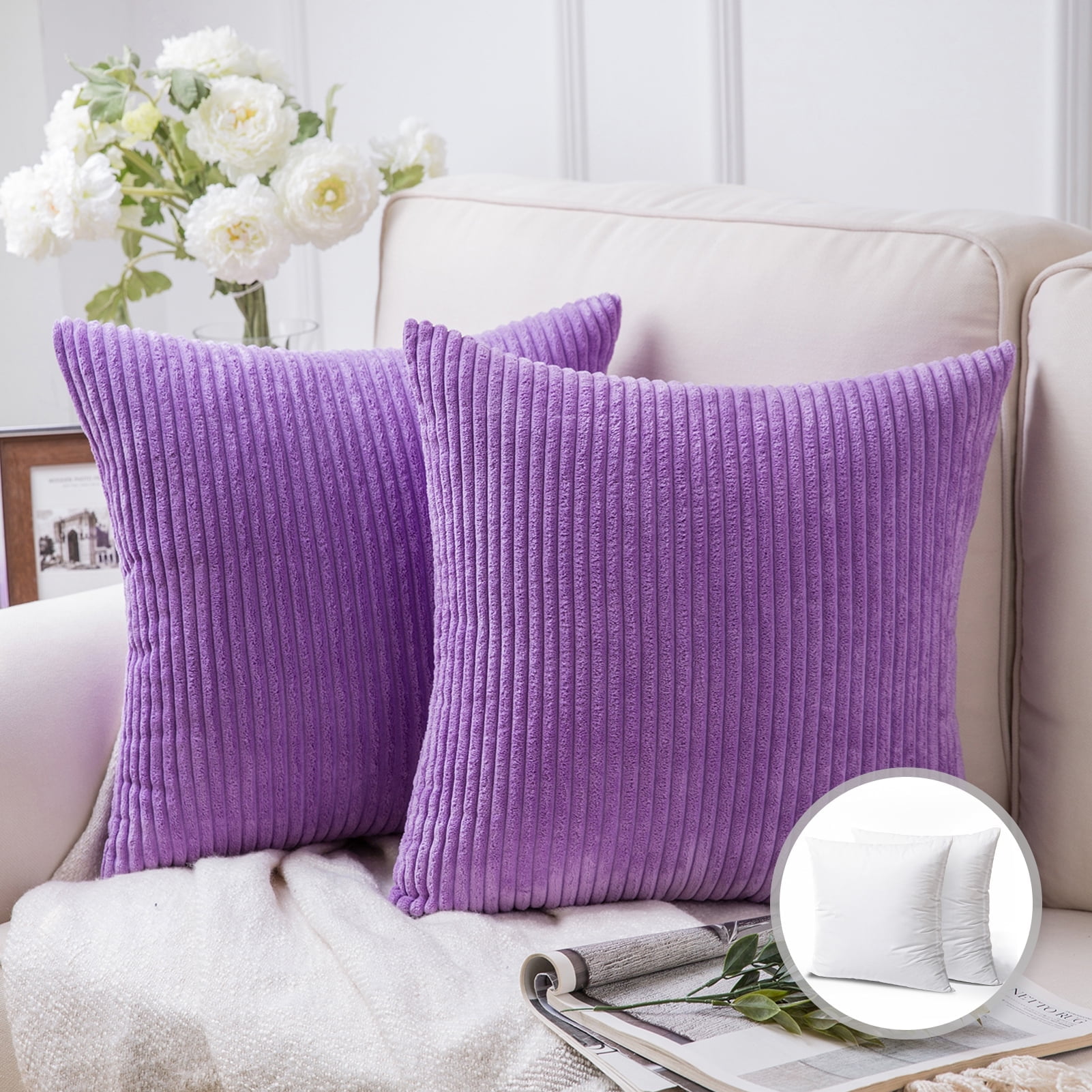 Soft Corduroy Striped Velvet Square Decorative Throw Pillow Cusion For Couch, 22" x 22", Violet Purple, 2 Pack