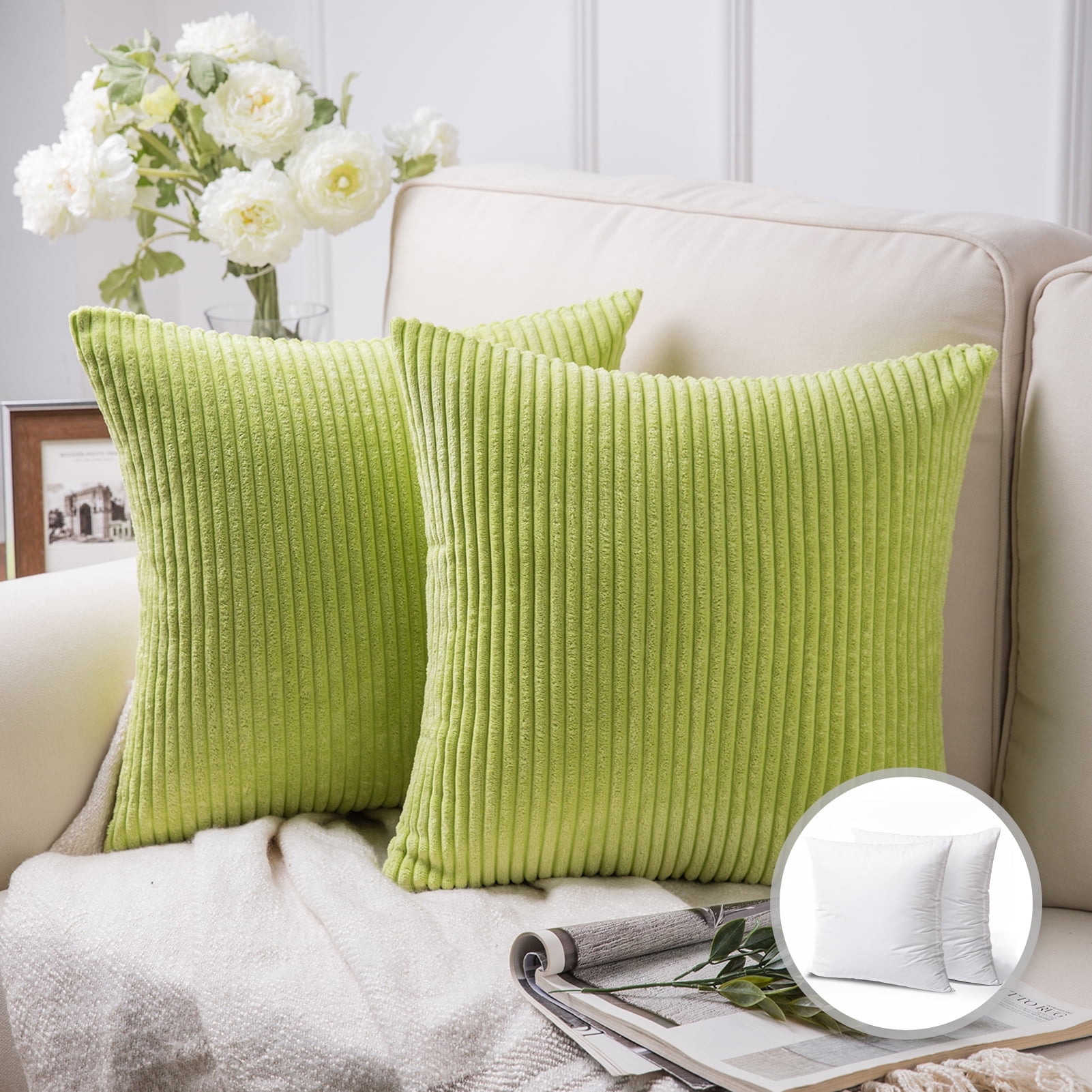 Soft Corduroy Striped Velvet Square Decorative Throw Pillow Cusion For Couch, 22" x 22", Water Green, 2 Pack