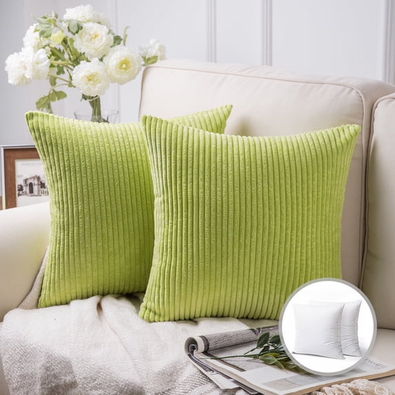 Soft Corduroy Striped Velvet Square Decorative Throw Pillow Cusion For Couch, 22" x 22", Water Green, 2 Pack